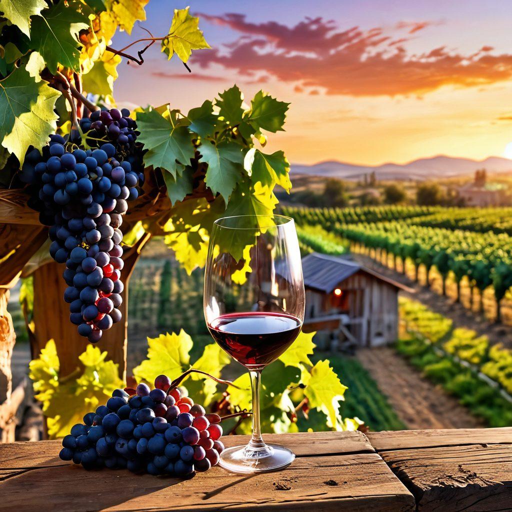 A picturesque vineyard at golden hour, showcasing grapevines heavy with ripe grapes and a rustic winery in the background. In the foreground, a wine glass filled with rich, red wine reflecting the sunset, alongside a cluster of grapes and a corkscrew. The scene should capture the essence of wine-making artistry and the joy of tasting. super-realistic. vibrant colors. warm lighting.