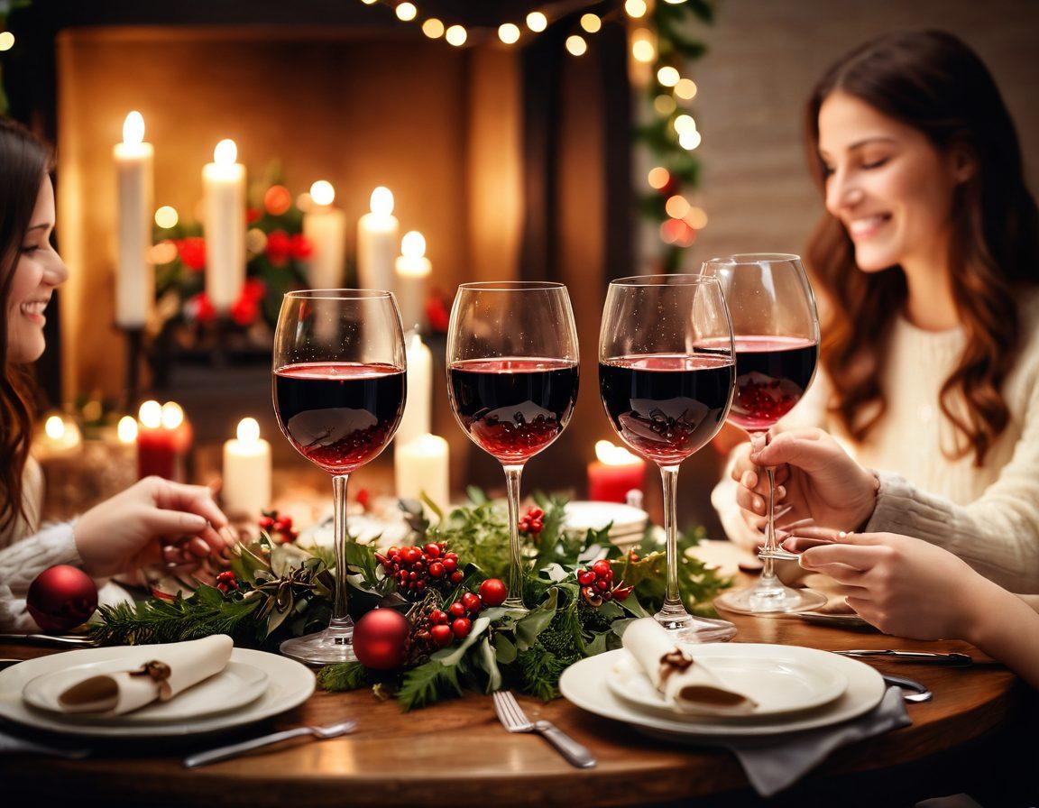 A cozy winter scene featuring a beautifully set table with elegant wine glasses filled with red and white wine, surrounded by twinkling fairy lights and festive decorations like holly and candles. In the background, people are joyfully celebrating, raising their glasses in a toast. The ambiance radiates warmth and happiness, embodying a festive spirit. soft focus. warm colors. bokeh effect.