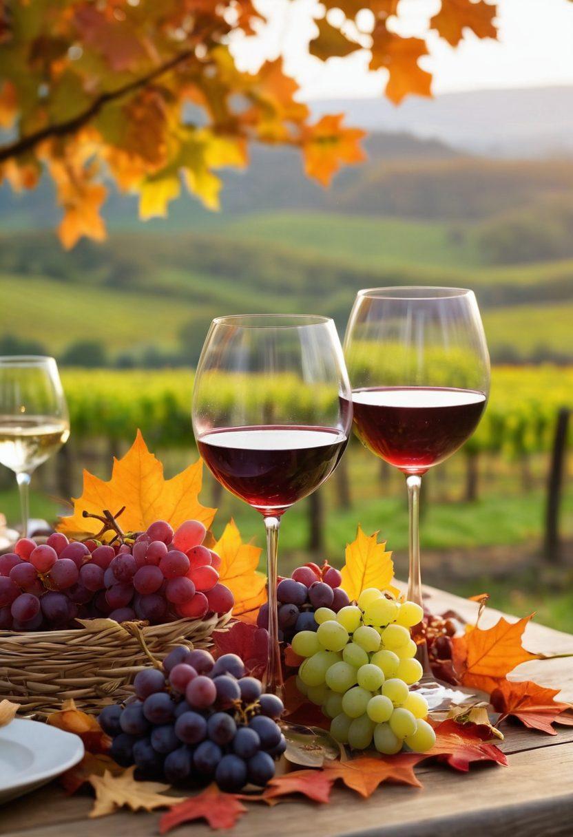 A beautifully arranged table set for a festive wine celebration, with elegant glasses filled with various wines, surrounded by vibrant autumn leaves and sparkling decorations. Soft candlelight flickers, creating a warm and inviting atmosphere, while joyful people raise their glasses in a toast, encapsulating the essence of happiness and togetherness. The background showcases a picturesque vineyard with ripe grapes hanging from the vines. super-realistic. vibrant colors. soft focus.
